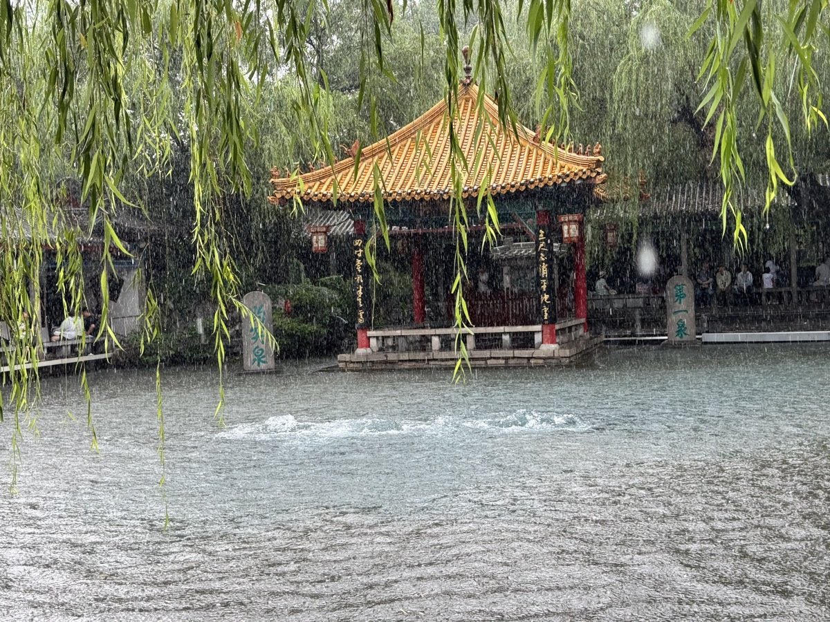 雨中的趵突泉:观澜亭和“第一泉”碑